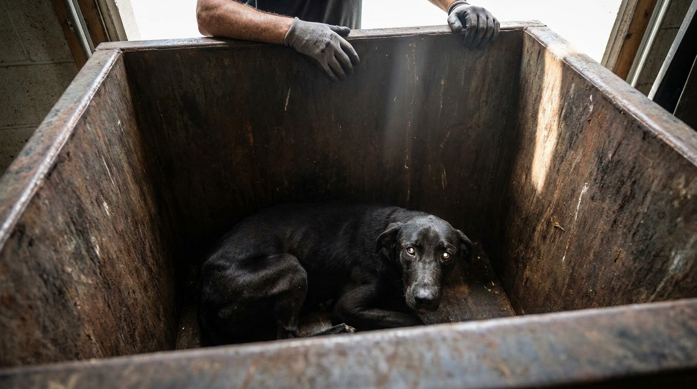 Un grand chien noir au regard implorant, assis au fond d'une benne à ordures métallique, attendant d'être secouru en Floride.