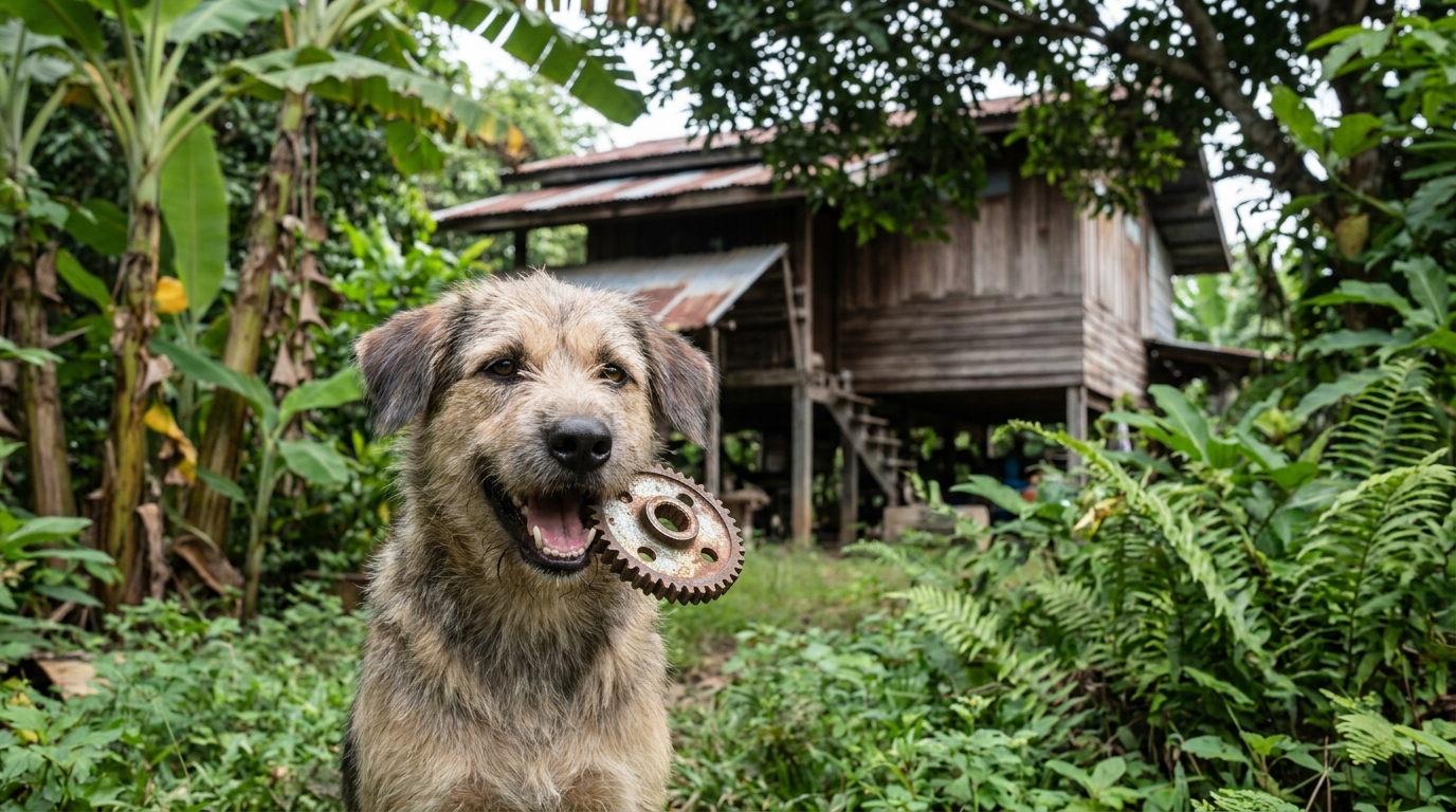 Un chien de race mixte est assis dans l'herbe d'un jardin en Thaïlande, tenant fièrement un objet ressemblant à un jouet dans sa gueule.