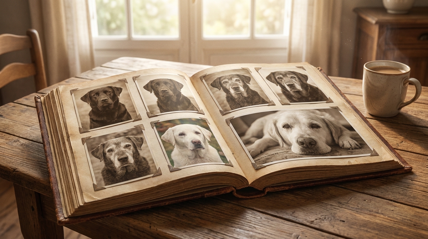 Un montage photo montrant la transformation d'un chien noir, Onyx, qui devient blanc au fil des années, illustrant son vieillissement.