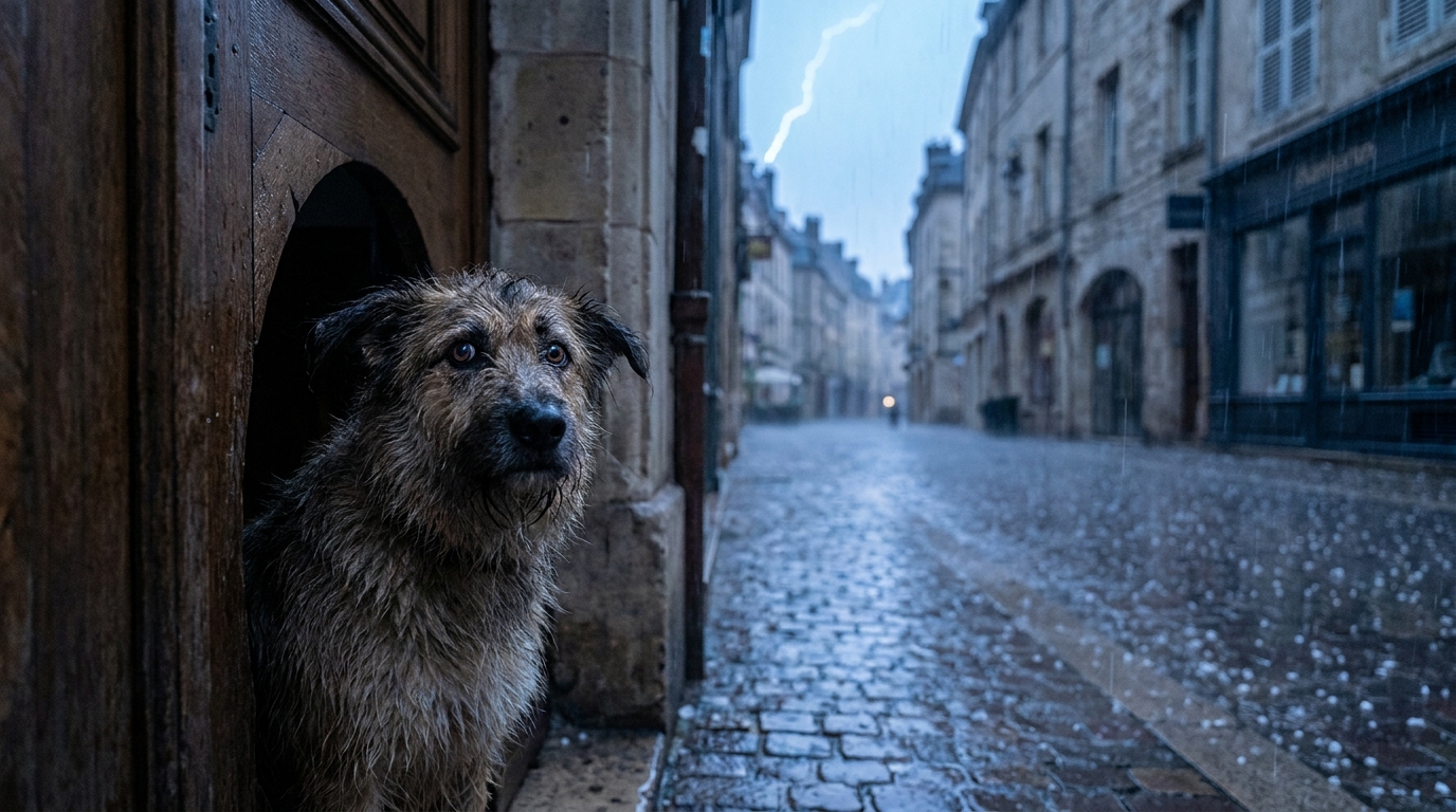 Un chien de type croisé, l'air effrayé, se cache sous un porche alors que la pluie et la grêle tombent dans une rue de Dijon.
