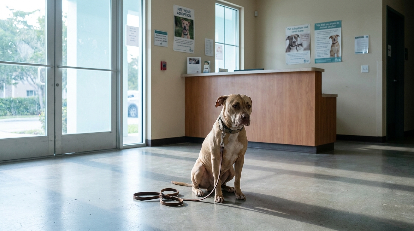 Un chien de type Pitbull au regard triste, assis dans le hall d'un refuge pour animaux, attendant avec espoir.