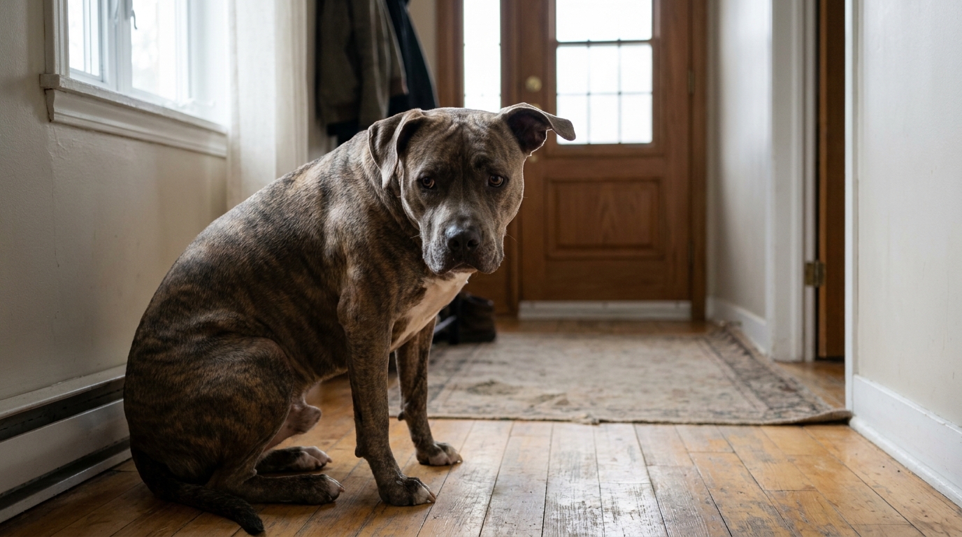 Un chien de type pitbull assis dans le couloir d'une maison, l'air triste et vigilant après un événement traumatisant.