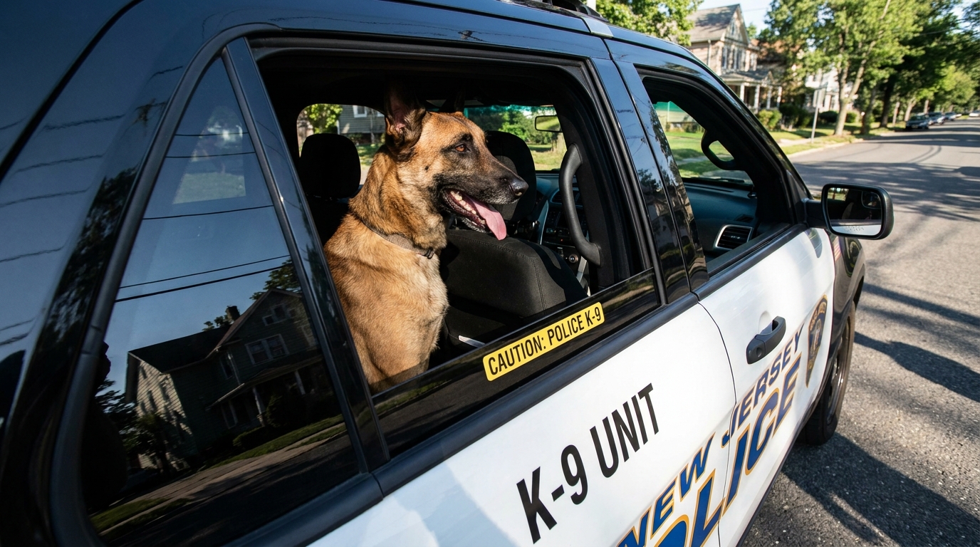 Un chien policier de race malinois assis sur la banquette arrière d'une voiture de police américaine, regardant attentivement vers l'extérieur.