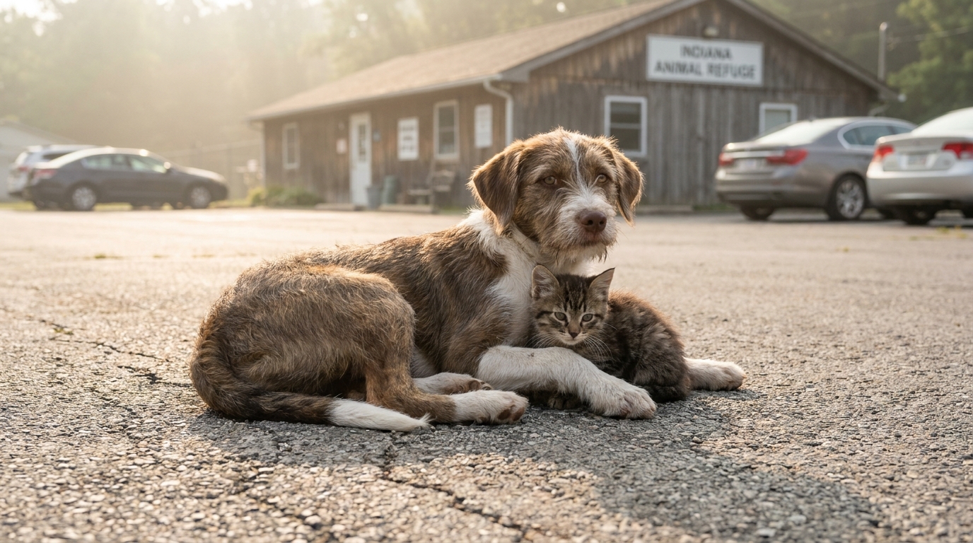 Un jeune chien abandonné pose tendrement sa patte sur un chat pour le réconforter sur le parking d'un refuge.