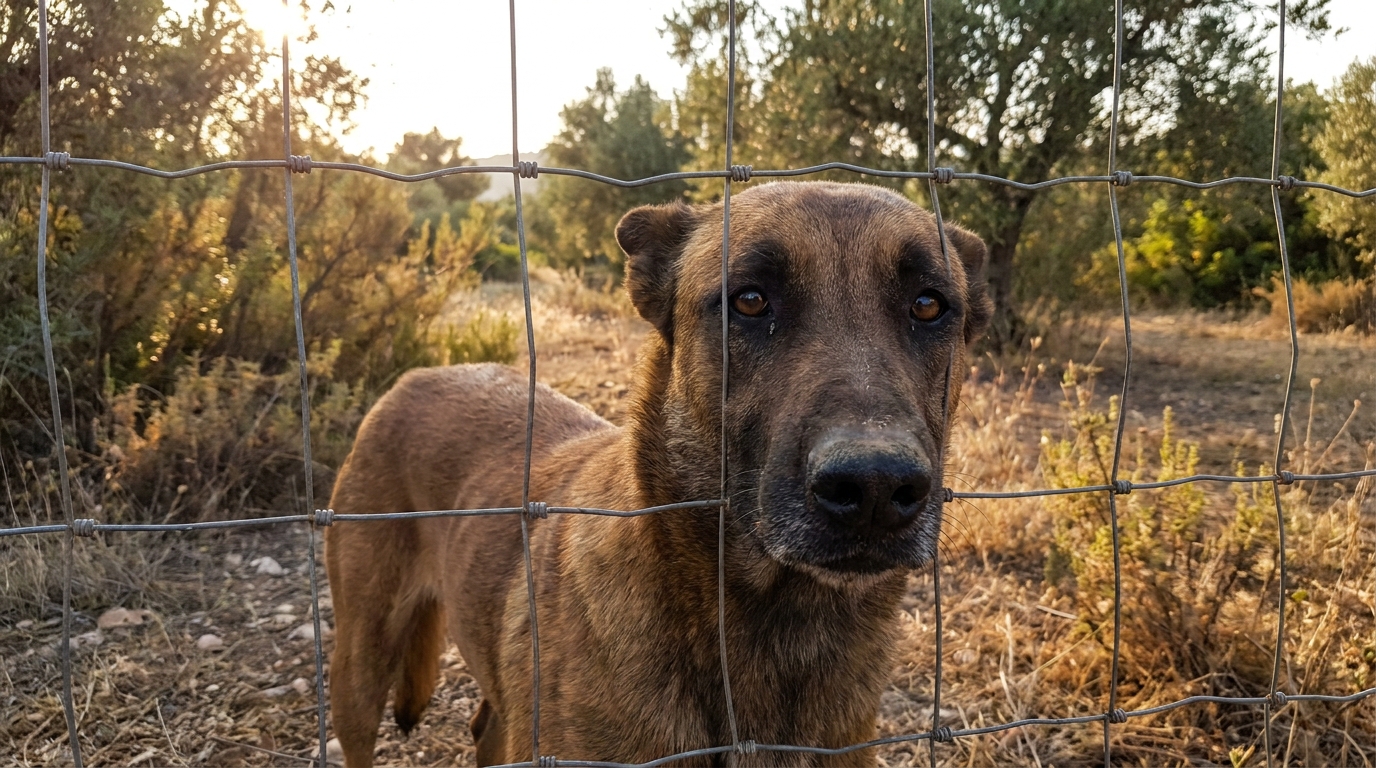 Un chien au regard mélancolique derrière le grillage d'un refuge, symbolisant la tristesse et la cruauté animale.
