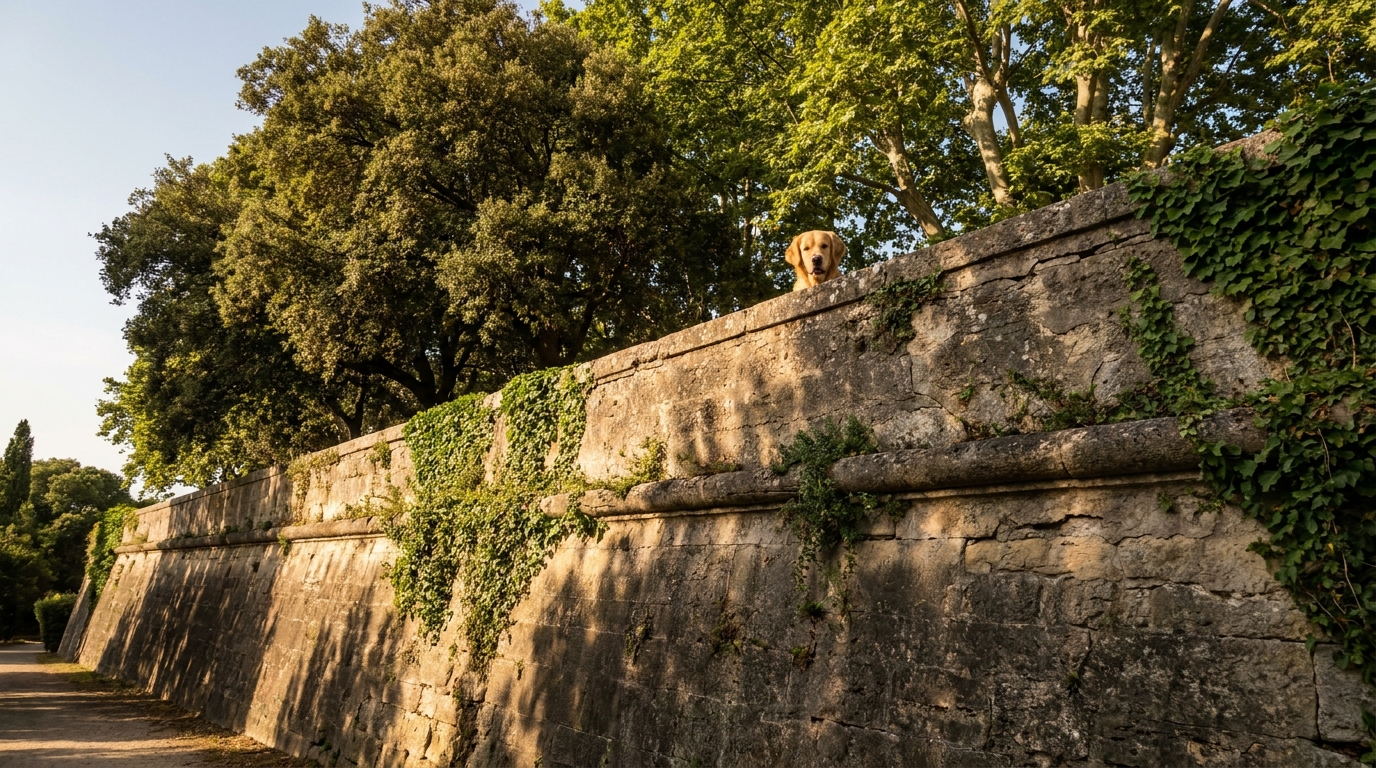 Un chien, tenu en laisse, regarde avec curiosité par-dessus le muret d'un parc historique, symbolisant le danger au jardin du Peyrou.