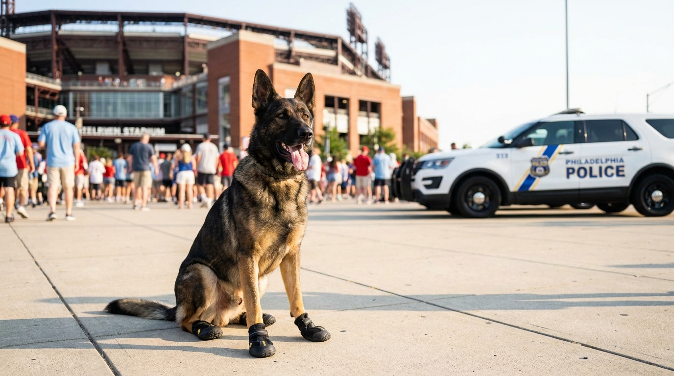 Un chien de travail, type Malinois ou Berger Allemand, équipé de bottines de protection noires, assis sur un trottoir en été.
