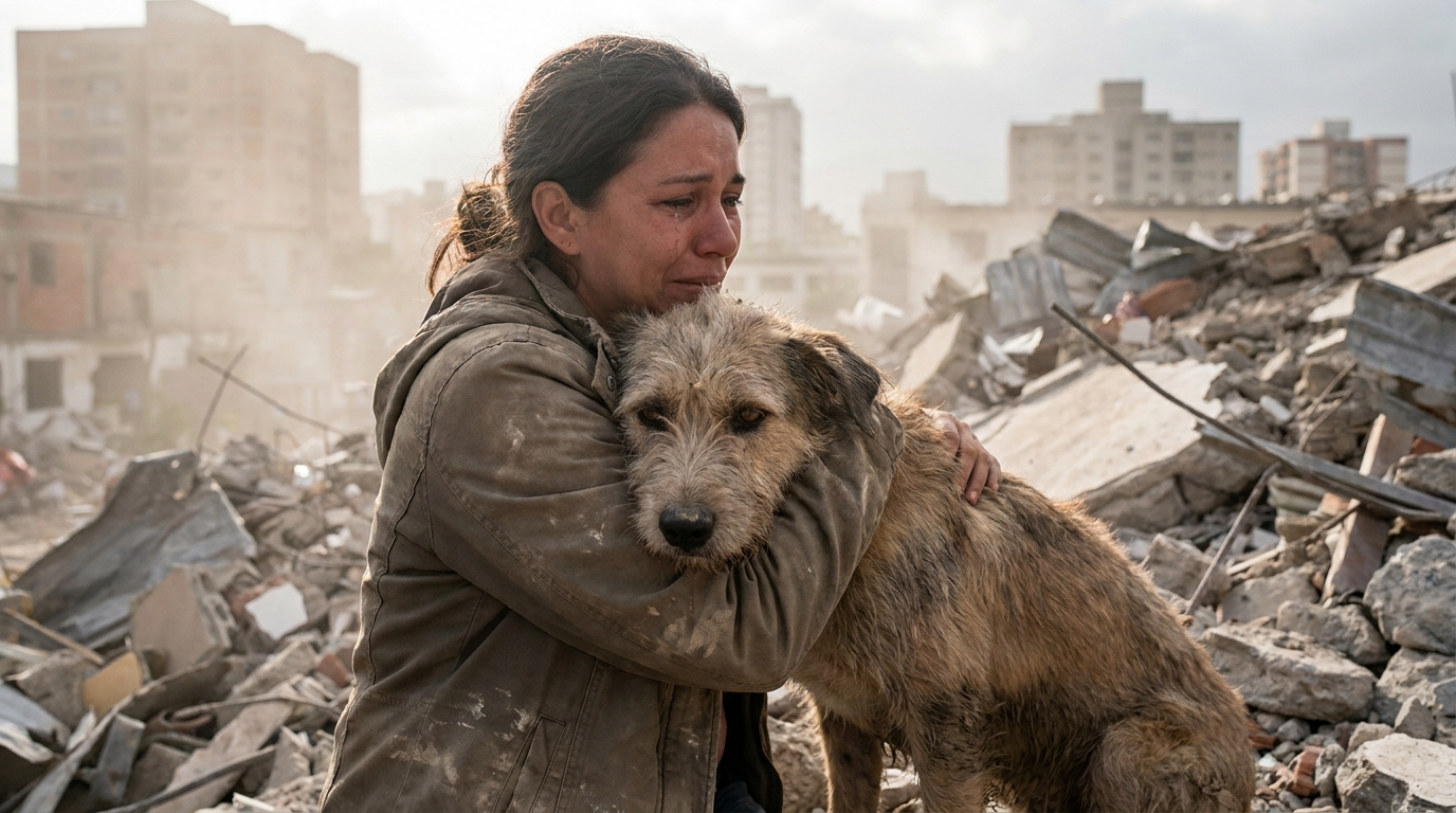 Un chien affaibli mais heureux dans les bras de sa propriétaire au milieu des ruines d'une maison effondrée au Venezuela.
