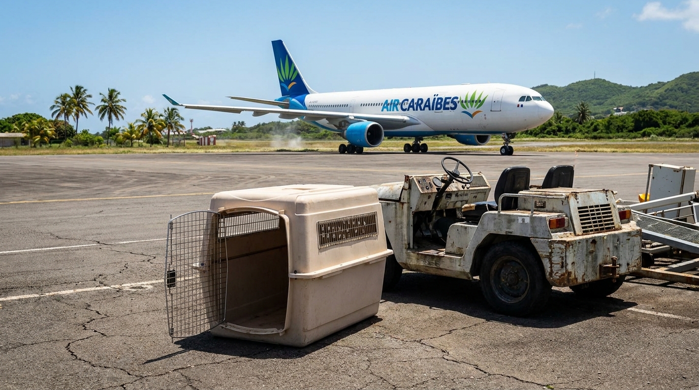 Un chien de type croisé, l'air soulagé mais fatigué, dans un environnement tropical évoquant la Guadeloupe après avoir été retrouvé.