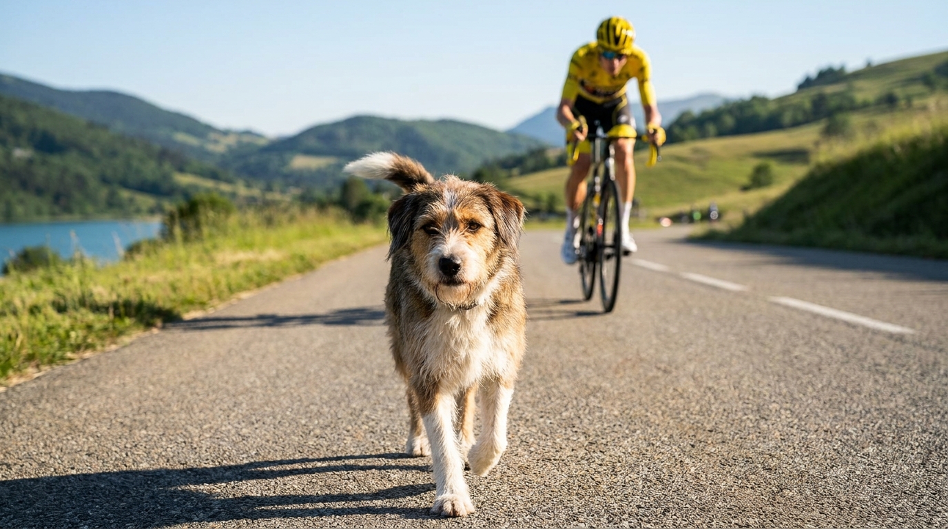 Un chien de type border collie courant sur une route de campagne en France, avec un cycliste du Tour de France flou en arrière-plan approchant.