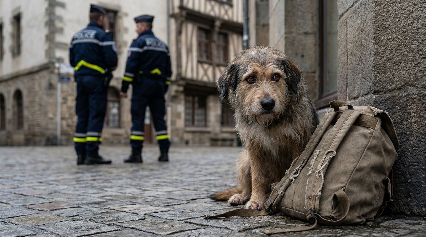 Un chien au regard mélancolique, compagnon d'une personne sans-abri, assis sur un trottoir dans une rue du centre-ville de Rennes.