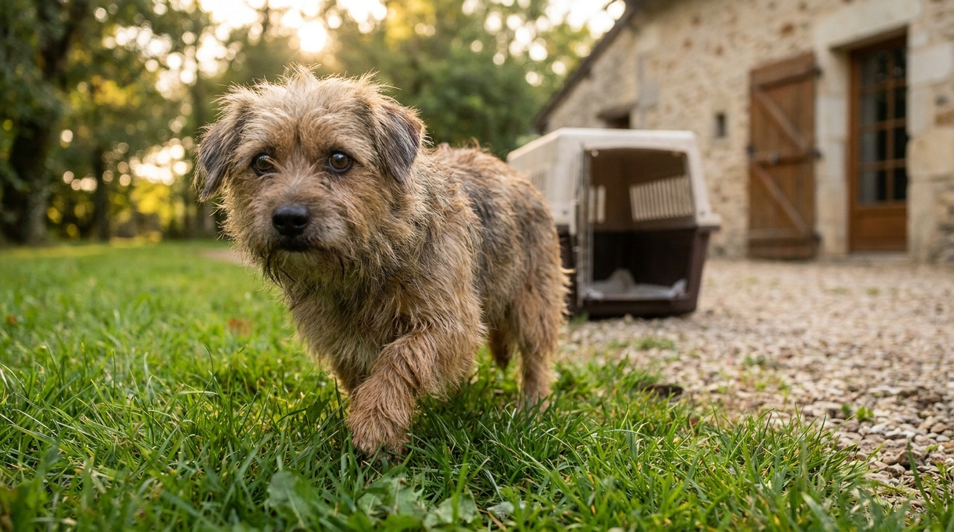 Un chien craintif mais en sécurité, regardant avec espoir après avoir été sauvé d'un appartement par une fondation.