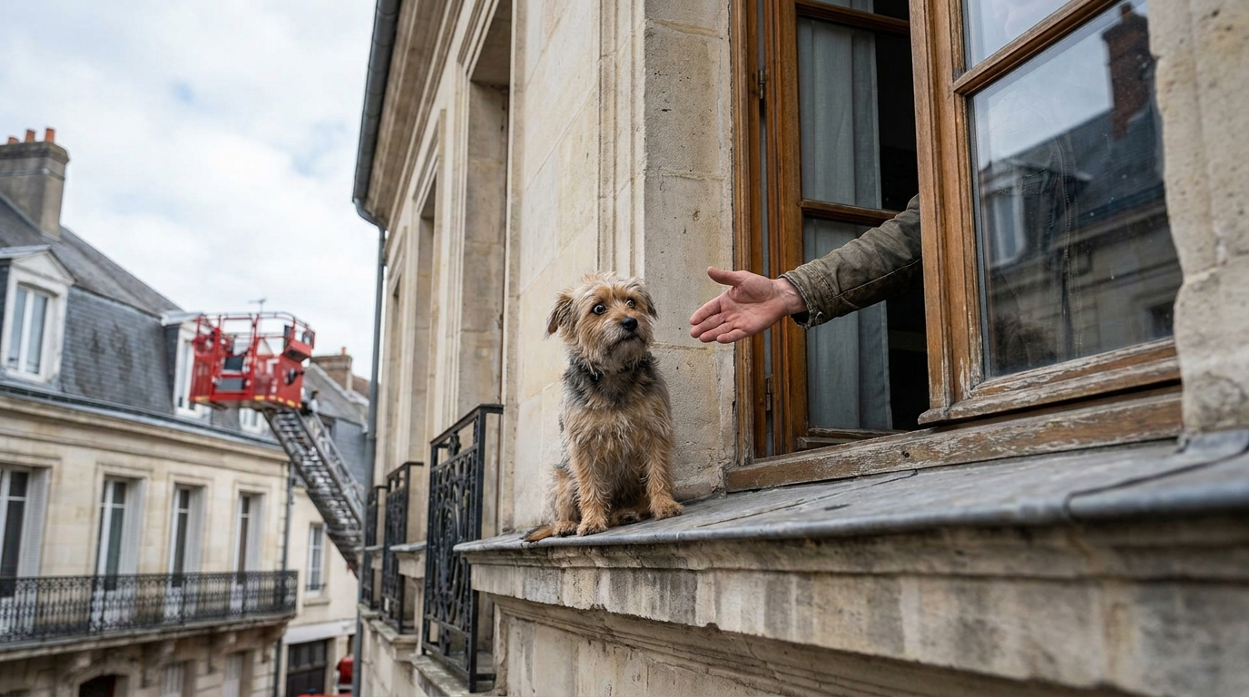 Un petit chien effrayé sur la corniche d'un immeuble en pierre, une main d'homme sortant d'une fenêtre voisine pour le rassurer.