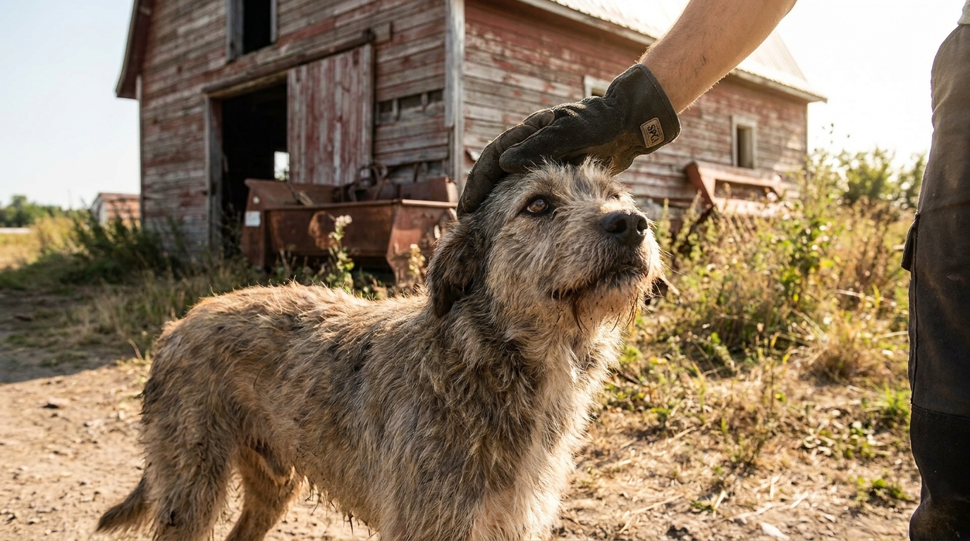 Un chien au regard triste et apeuré dans une cage de transport après avoir été sauvé d'une ferme au Québec.