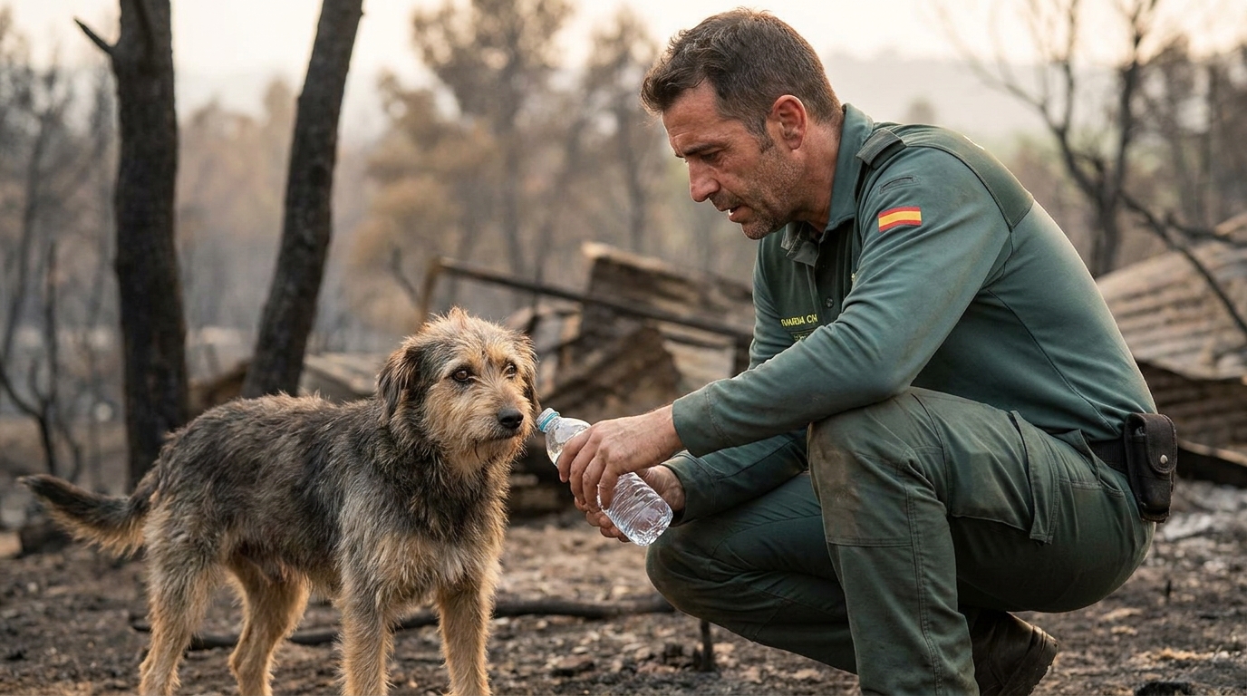 Un chien au regard triste mais plein d'espoir, réconforté par un secouriste espagnol après avoir été sauvé d'un incendie.