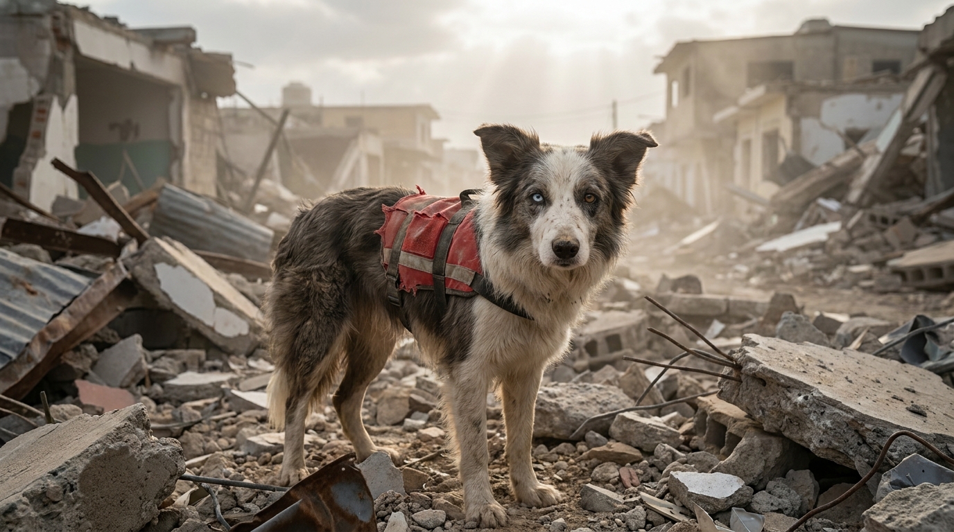 Un chien de sauvetage, de type border collie, se tient prêt à l'action au milieu des ruines d'un bâtiment effondré au Venezuela.