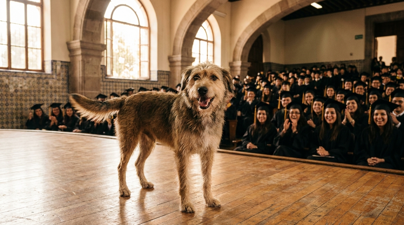 Un chien se tient sur la scène d'un auditorium lors d'une cérémonie de remise de diplômes, sous le regard amusé des étudiants en toge.