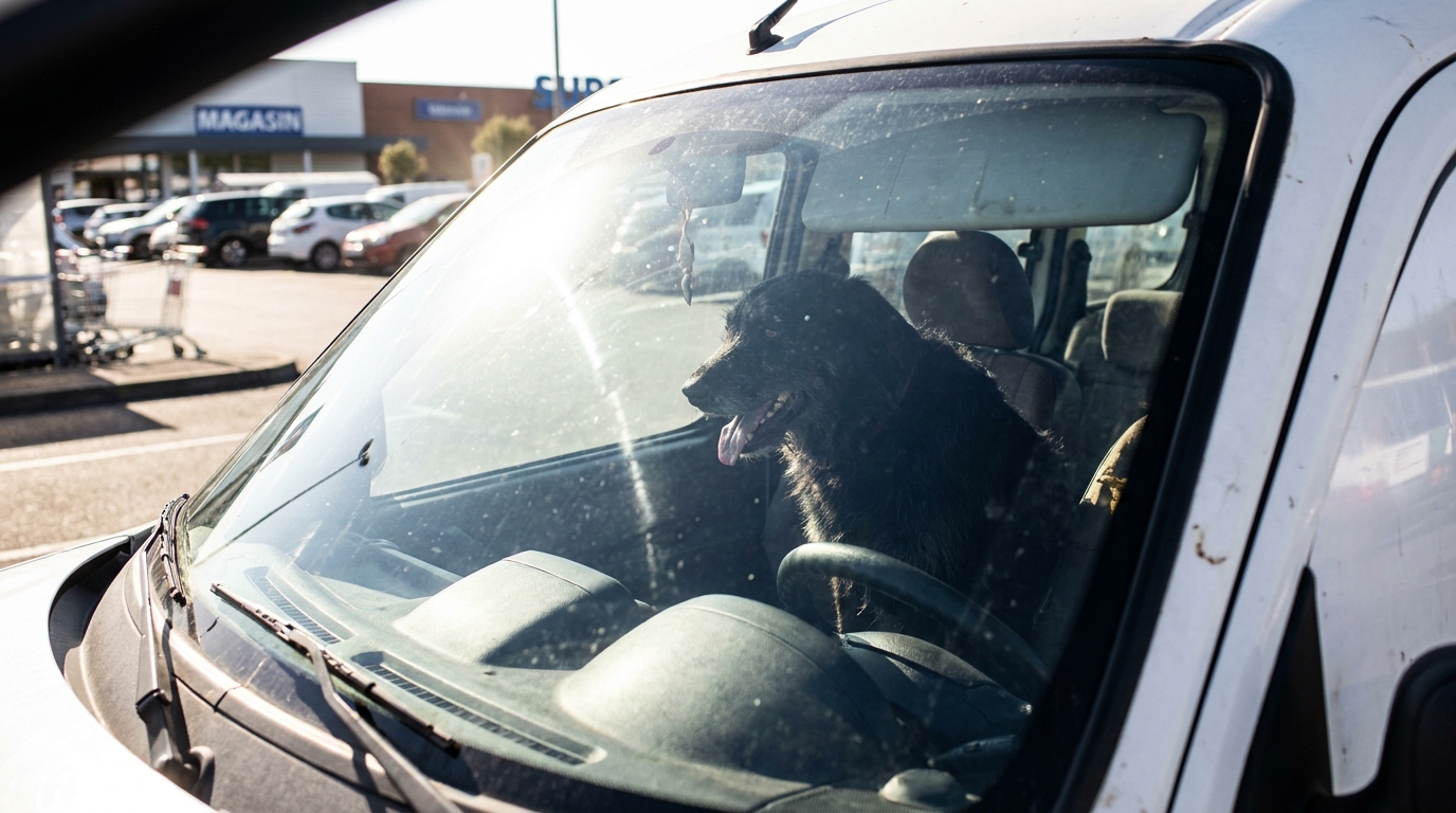 Un grand chien de couleur noire est assis sur le siège passager d'une fourgonnette blanche, attendant seul en pleine chaleur sur un parking.