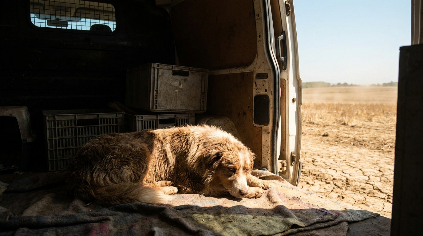 Un chien au regard triste est couché seul à l'intérieur d'un camion sombre, symbolisant le drame survenu dans une pension en Isère.