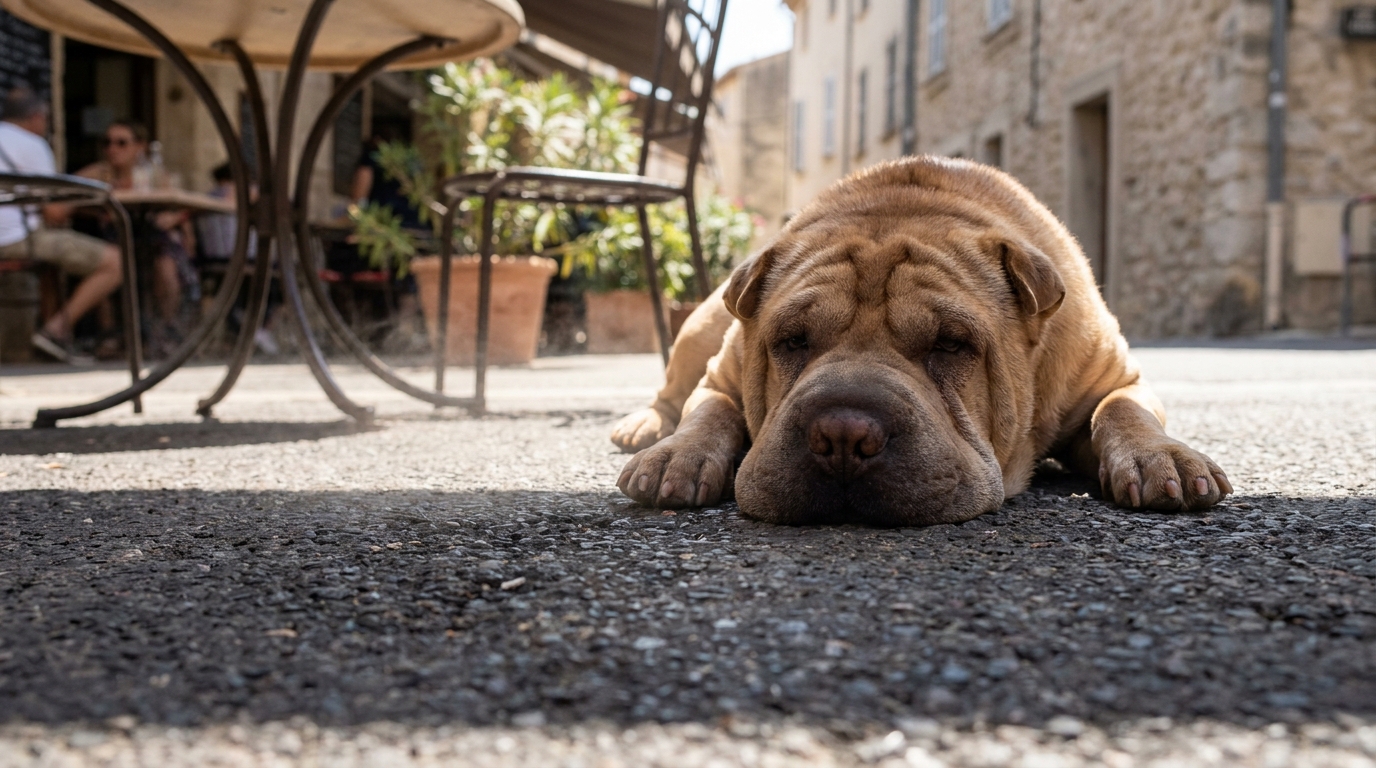 Un chien de race Shar-pei couché sur un sol en bitume chaud, l'air abattu, pour illustrer le danger des sols surchauffés en été pour les animaux.
