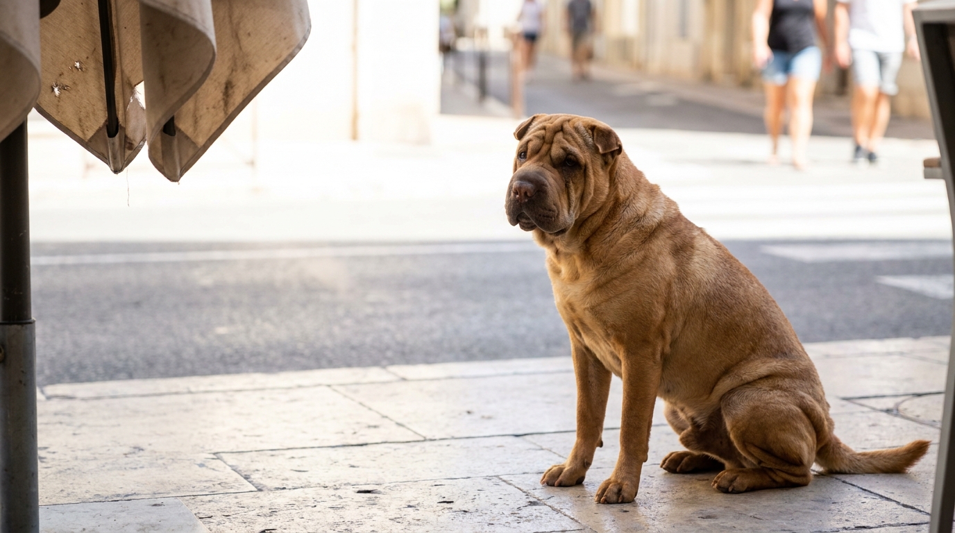 Un chien de race Shar-Pei assis à l'ombre sur une terrasse en été, le bitume en arrière-plan semblant surchauffé par le soleil.