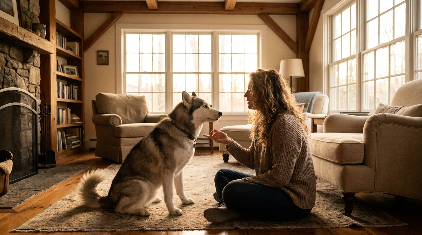 Un magnifique chien de type husky aux yeux bleus perçants est assis dans un salon et regarde avec amour sa propriétaire qui communique avec lui par gestes.