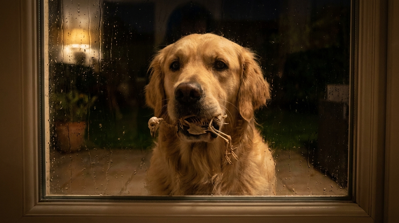 Un chien se tenant derrière une fenêtre la nuit, tenant un petit squelette dans sa gueule, créant une scène surprenante et effrayante.