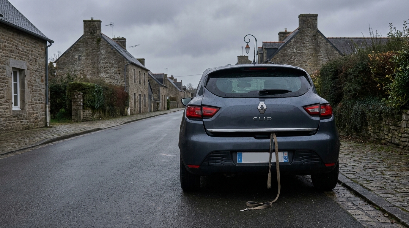 L'arrière d'une voiture avec le coffre ouvert et une laisse pendant, sur une route de village en Bretagne, illustrant un drame animalier.