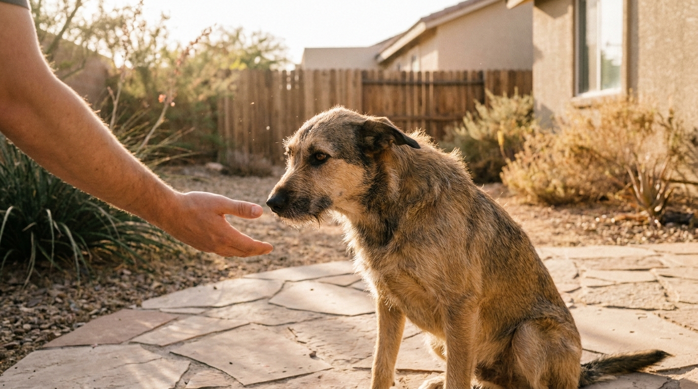 Un chien au regard craintif lève doucement la tête vers la main d'un humain qui s'approche avec douceur, symbole de confiance retrouvée.