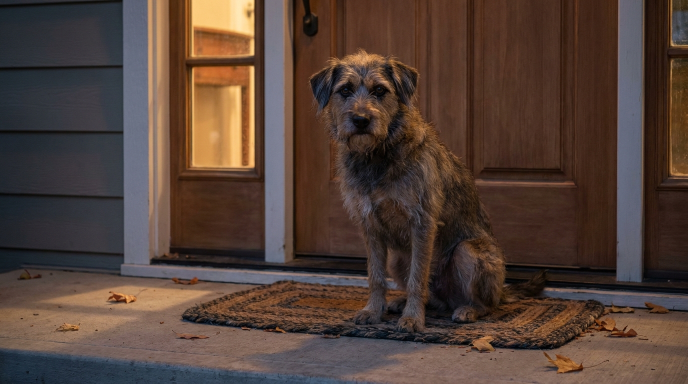 Un chien au regard suppliant assis seul derrière une porte d'entrée fermée, symbolisant l'abandon et la solitude d'un animal.