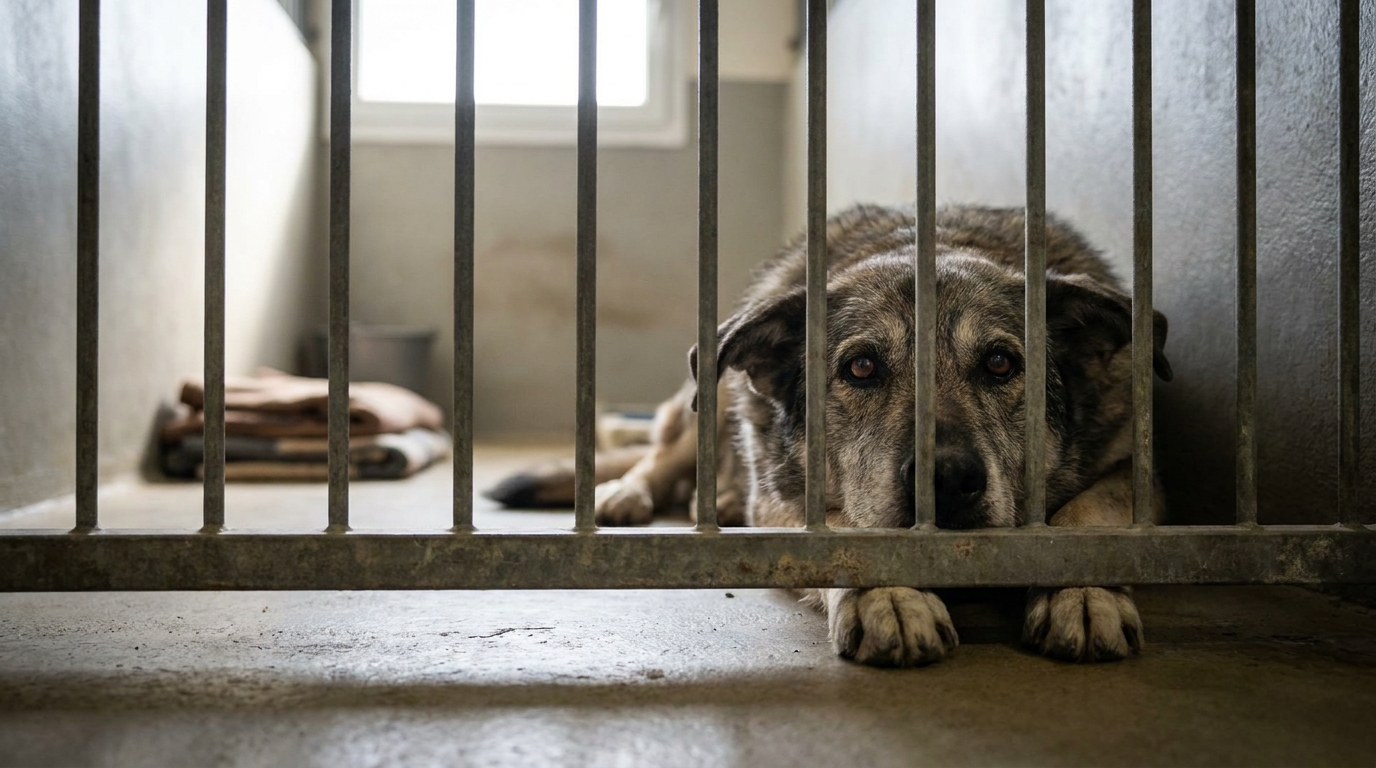 Un chien au regard suppliant est assis seul dans son box, attendant une décision qui pourrait lui coûter la vie.