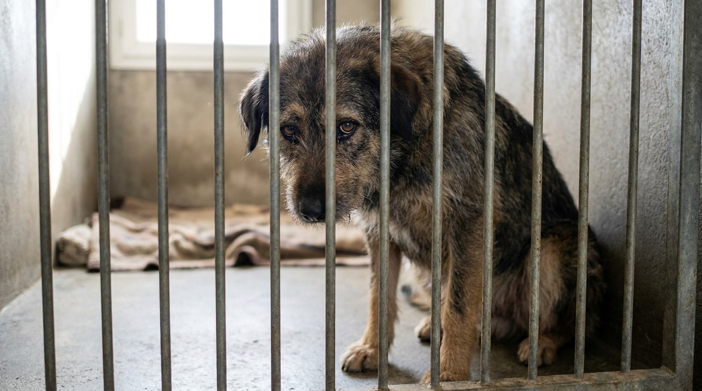 Un chien de type berger au regard mélancolique, assis seul derrière les barreaux d'un box, symbolisant l'injustice de l'affaire Uko.