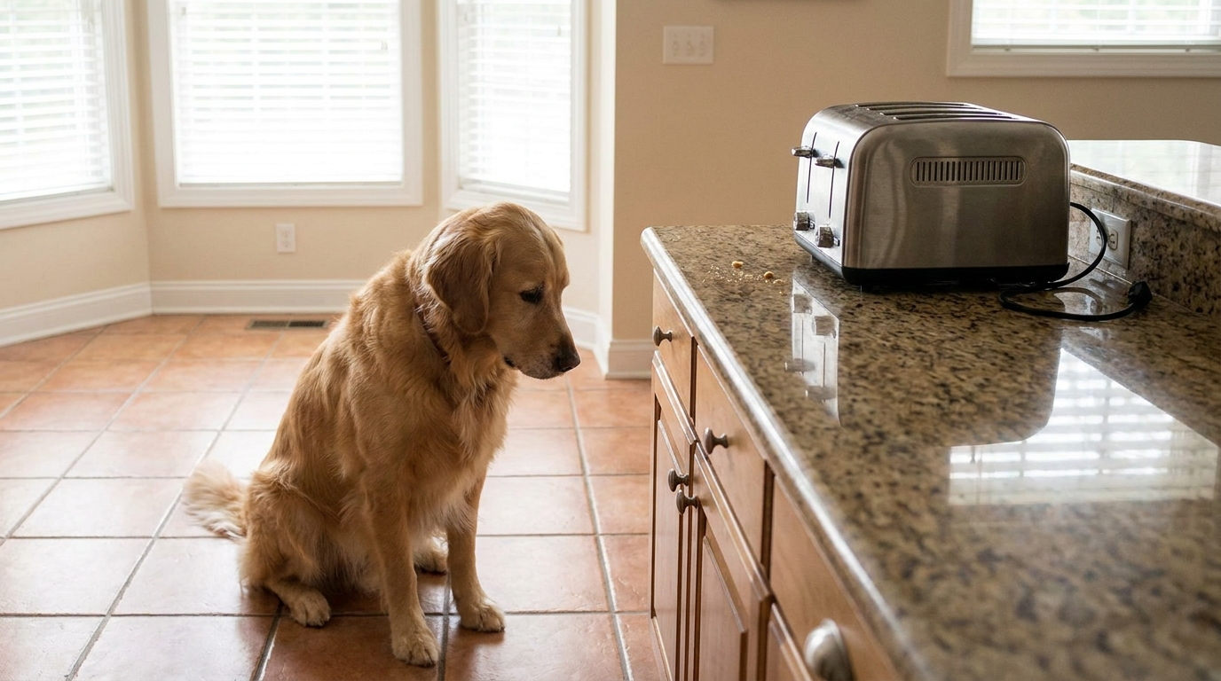 Un chien au regard triste dans une cuisine moderne, près d'un grille-pain débranché sur le plan de travail, symbolisant un danger domestique.