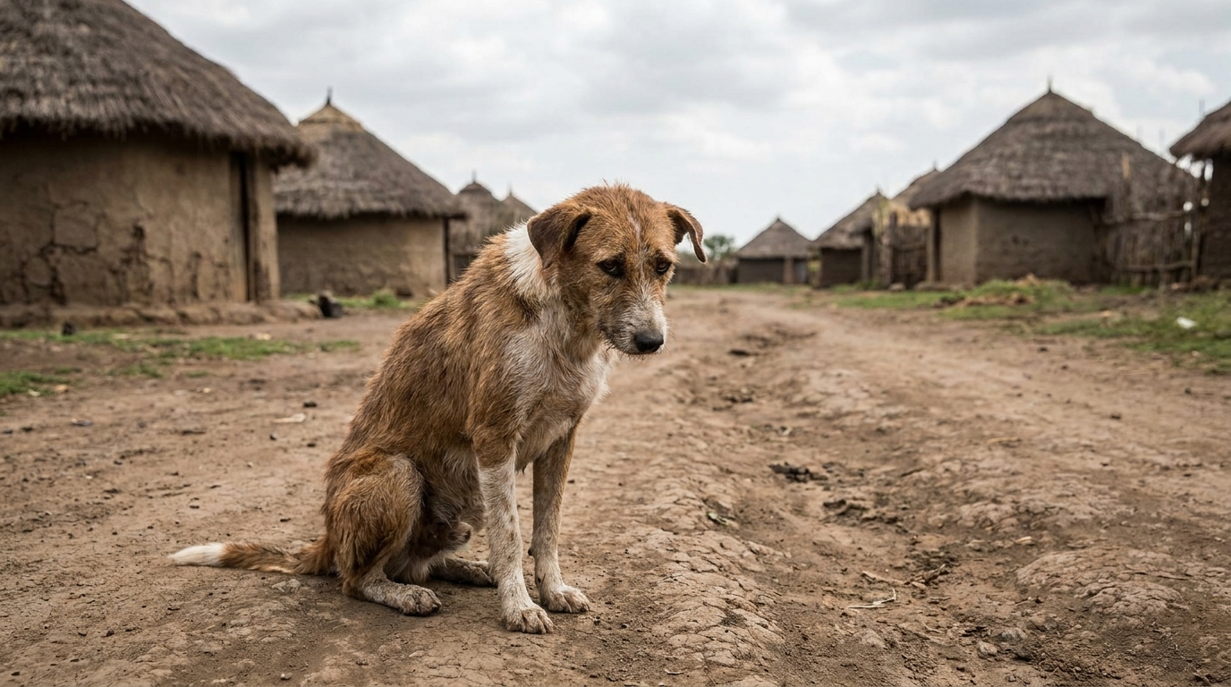 Un chien au regard triste dans une rue en terre d'une ville éthiopienne, symbolisant le drame vécu par les animaux de Hossana.