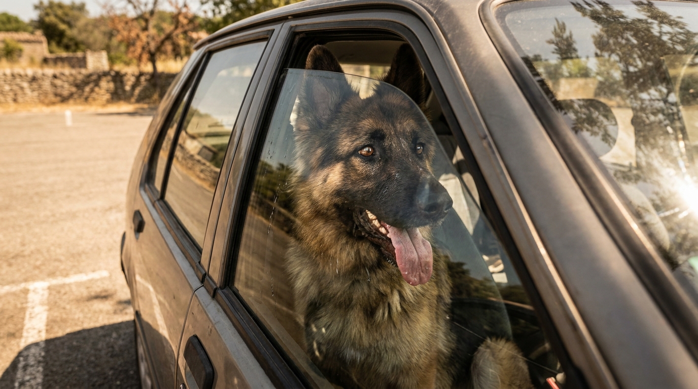 Un jeune chien de berger au regard triste, la truffe contre la vitre d'une voiture, avec des reflets de soleil à l'extérieur.