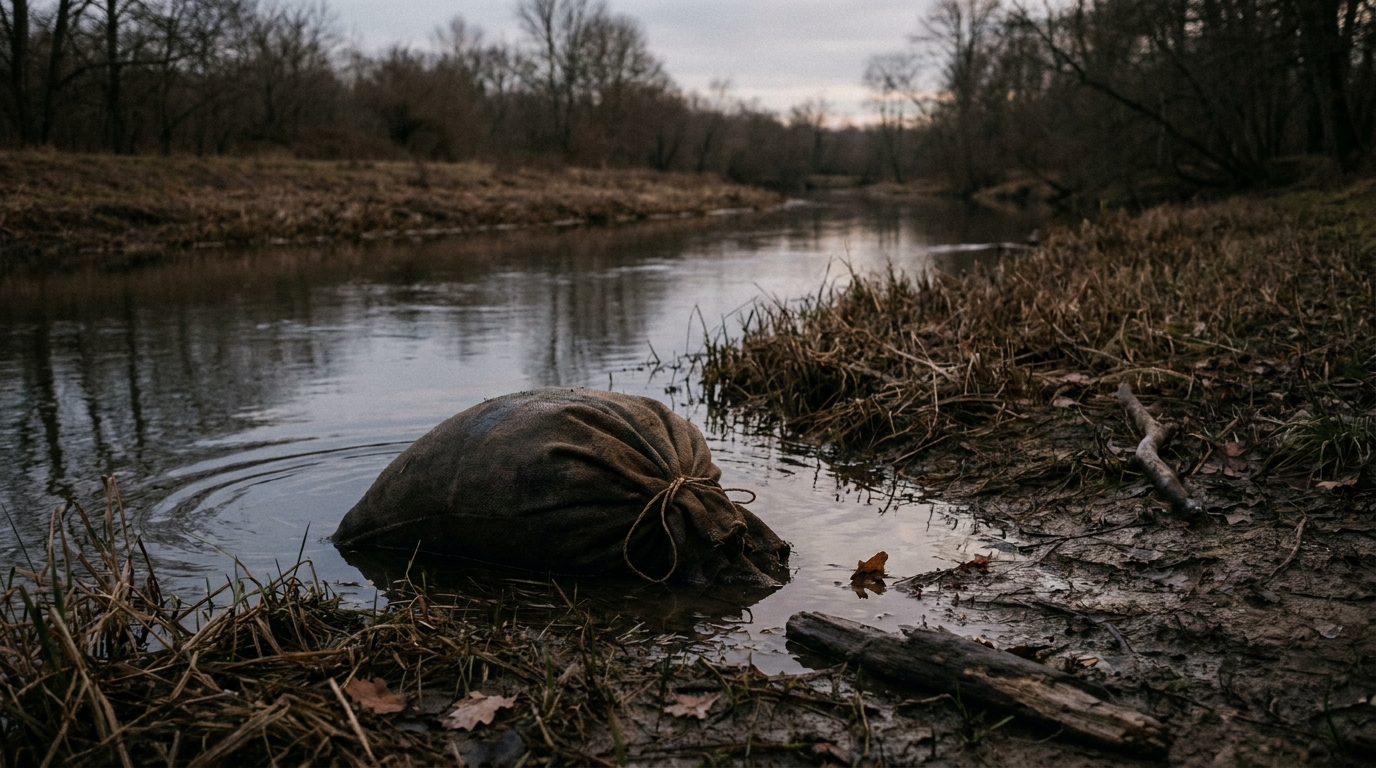 Un chien au regard mélancolique assis au bord d'un cours d'eau, symbolisant la tristesse et l'injustice d'un animal abandonné.