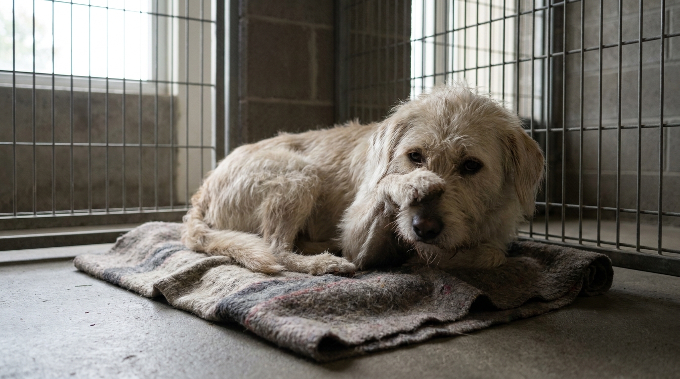 Un chien au pelage clair, l'air abattu, est recroquevillé dans un coin de son box et se couvre les yeux avec sa patte.