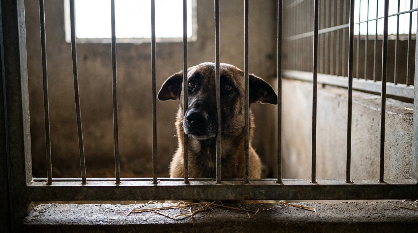 Un chien de type Malinois regarde tristement à travers les barreaux de son box, symbole de l'injustice dans l'affaire Uko.