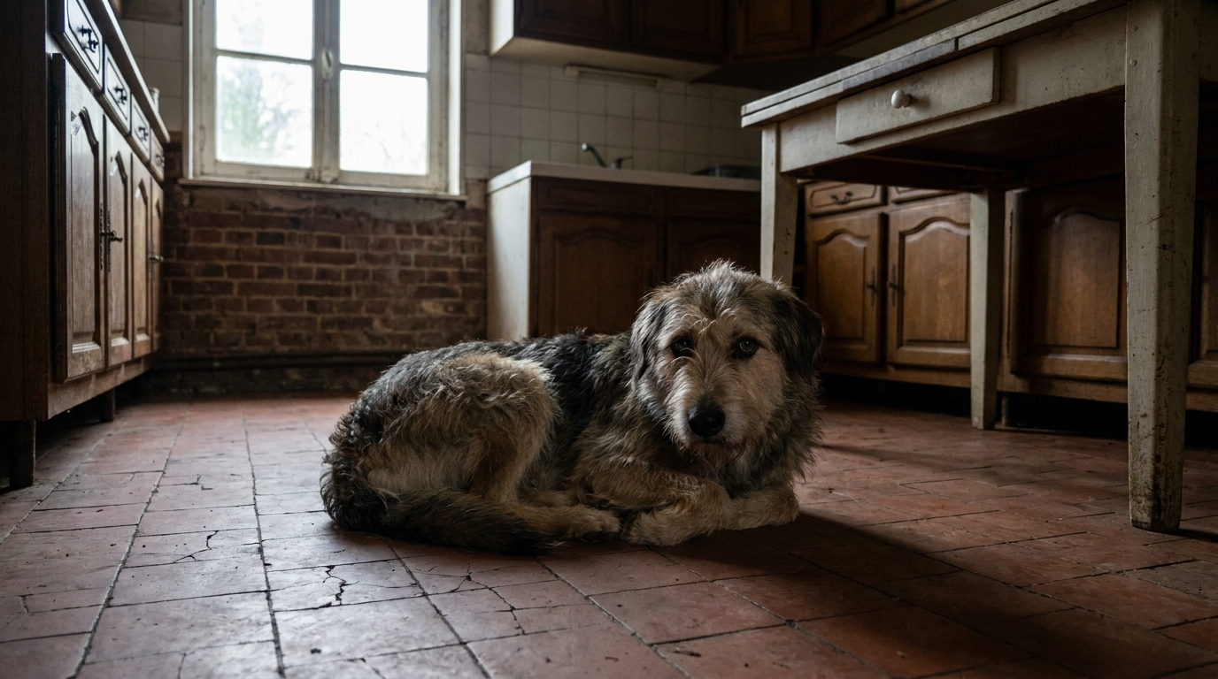 Un chien au regard mélancolique, la truffe collée à une vitre recouverte de gouttes de pluie, symbolisant la tristesse et l'isolement.