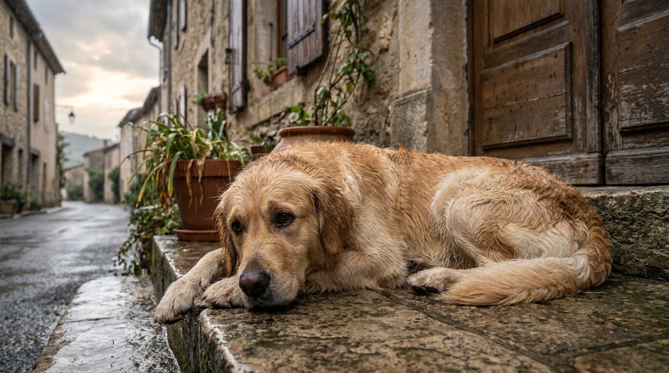 Un chien au regard mélancolique, la truffe collée à une fenêtre recouverte de gouttes de pluie, symbolisant la tristesse et la perte.
