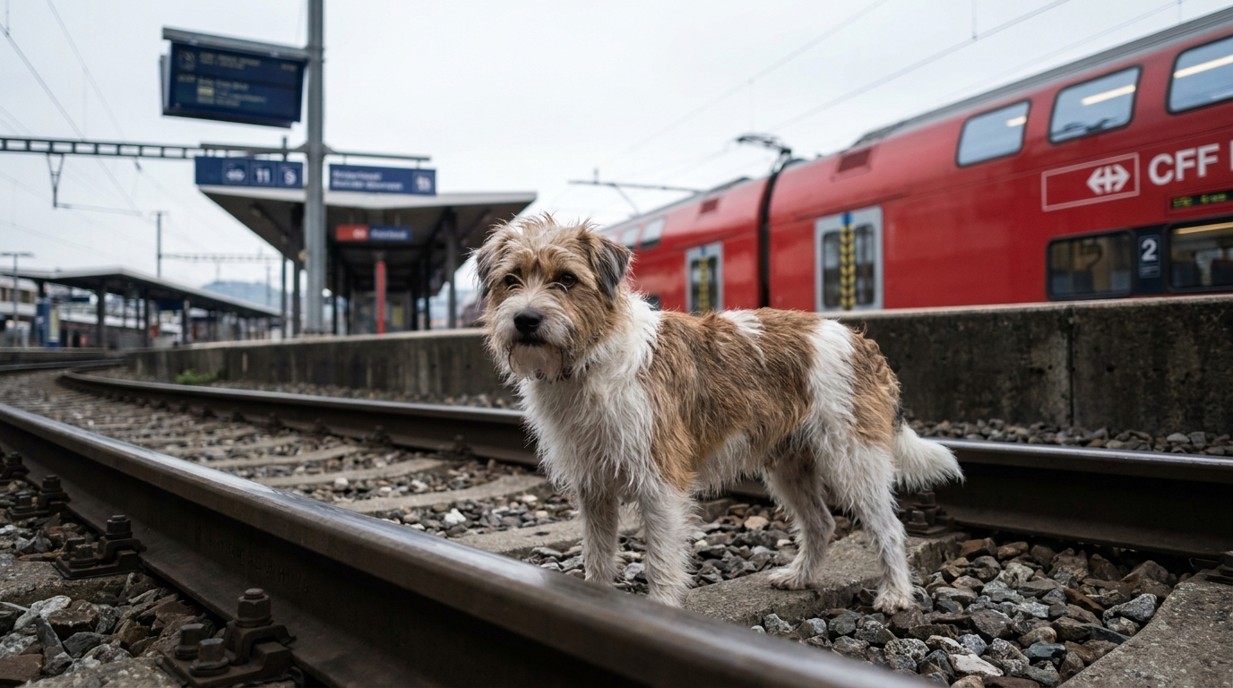 Un petit chien de type terrier regarde l'objectif, assis prudemment sur les rails d'une gare ferroviaire en Suisse.
