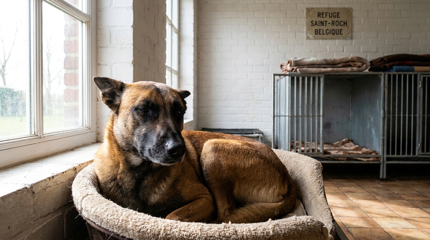 Un chien au regard triste mais plein d'espoir, allongé dans un panier confortable dans un refuge, symbole de la résilience.