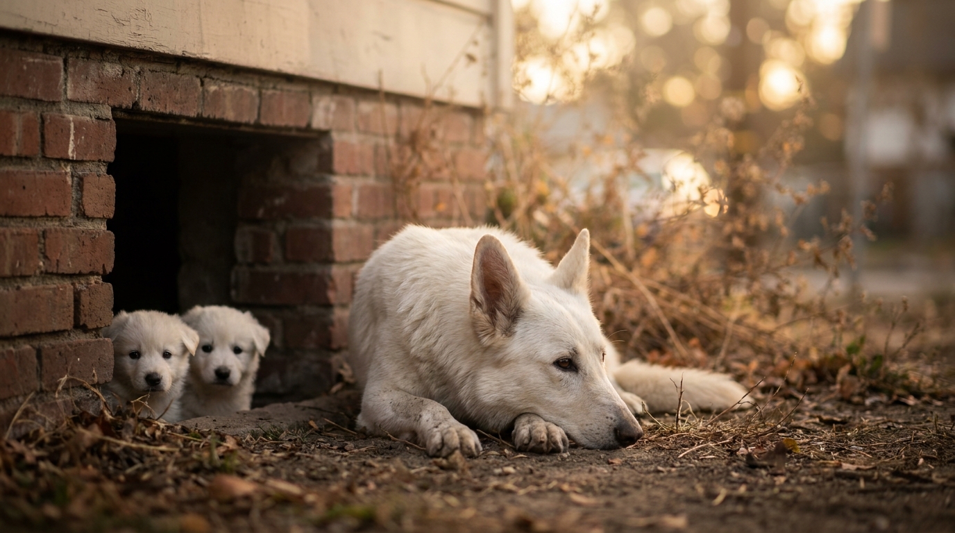 Une chienne blanche au regard doux est couchée près de ses deux adorables chiots blancs et poilus, attendant une famille.