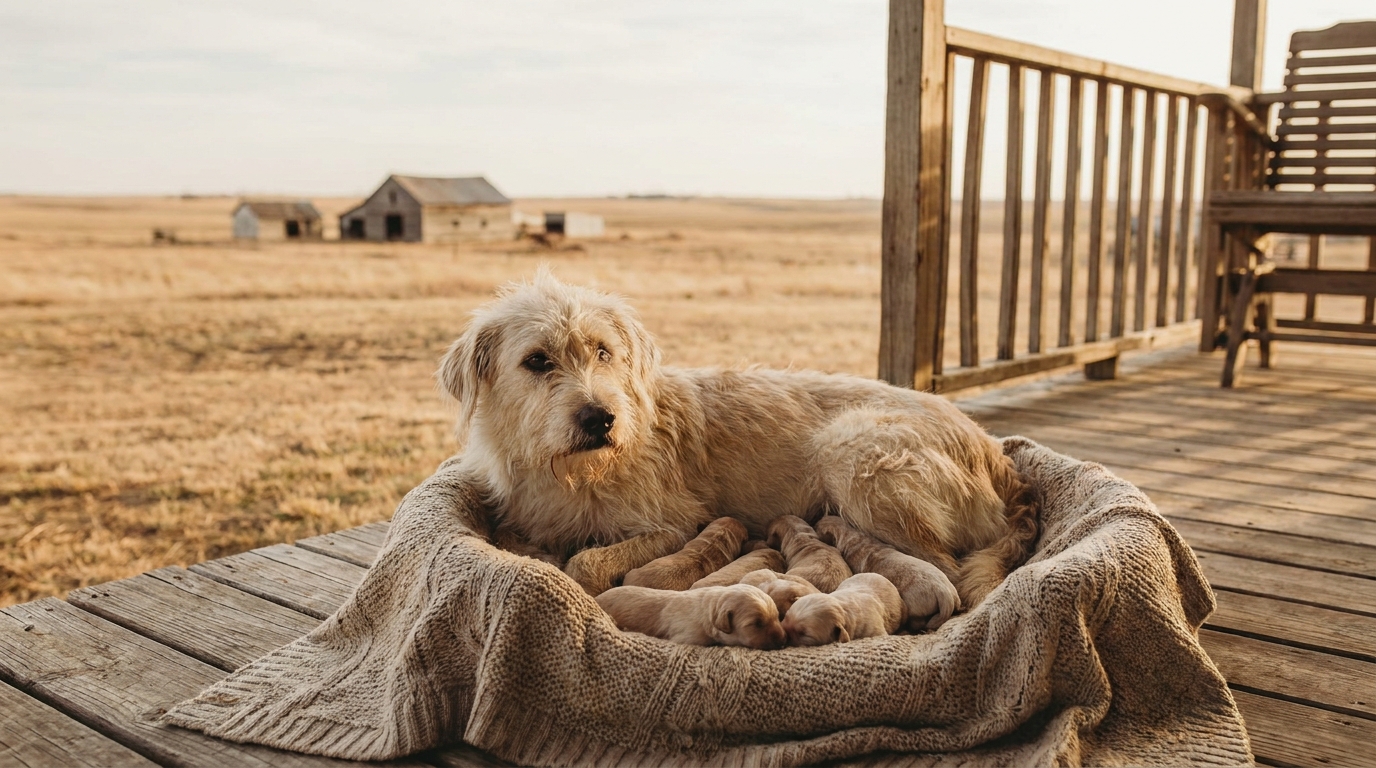Une chienne de couleur claire, avec un œil manquant, couchée tendrement et entourée par ses dix adorables chiots nouveau-nés.