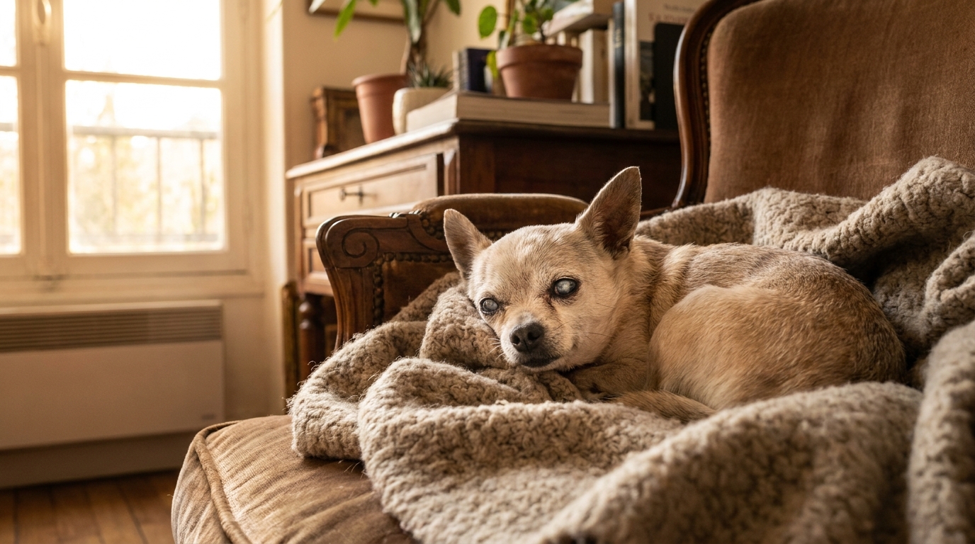 Une petite chienne chihuahua âgée, Sana, est blottie confortablement sur un canapé, regardant avec tendresse ses nouveaux maîtres.
