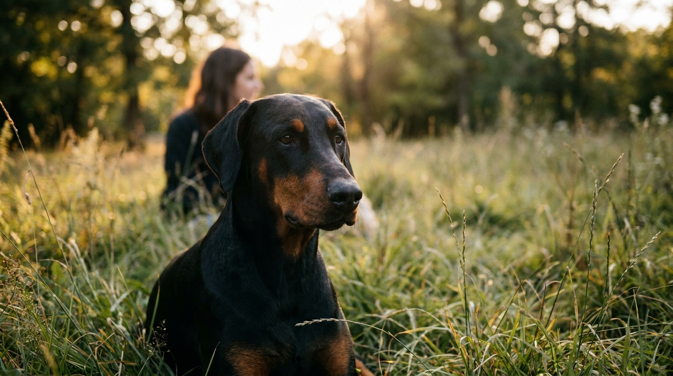 Une chienne Dobermann assise dans l'herbe d'un parc, regardant avec affection, lors de sa dernière sortie avant son euthanasie.