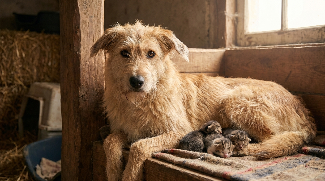 Une chienne au regard doux et protecteur est couchée dans sa niche, veillant sur trois minuscules chatons blottis contre elle.
