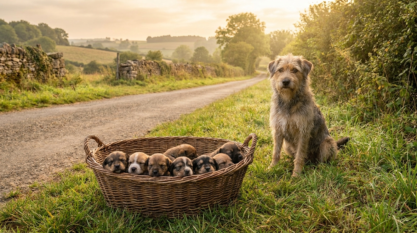 Une chienne de race croisée veille sur ses sept chiots nouveau-nés blottis dans un panier en osier.