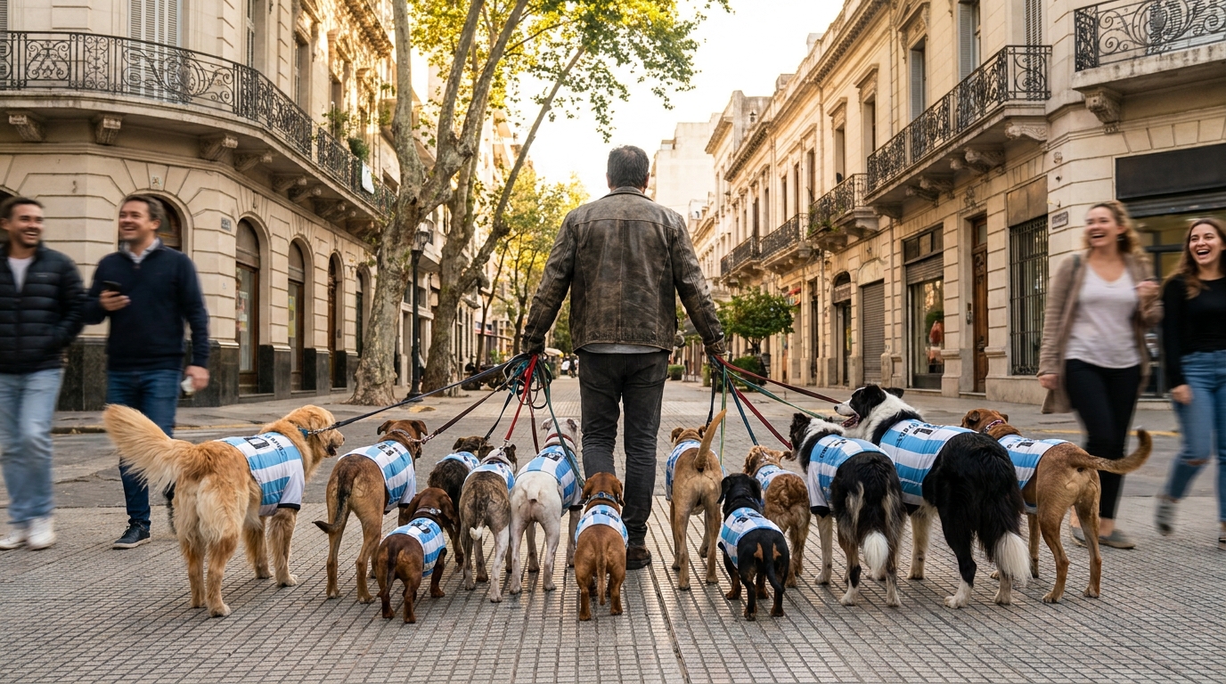 Une meute de treize chiens de races différentes portant le maillot de l'équipe d'Argentine, tenus en laisse par un homme à Buenos Aires.