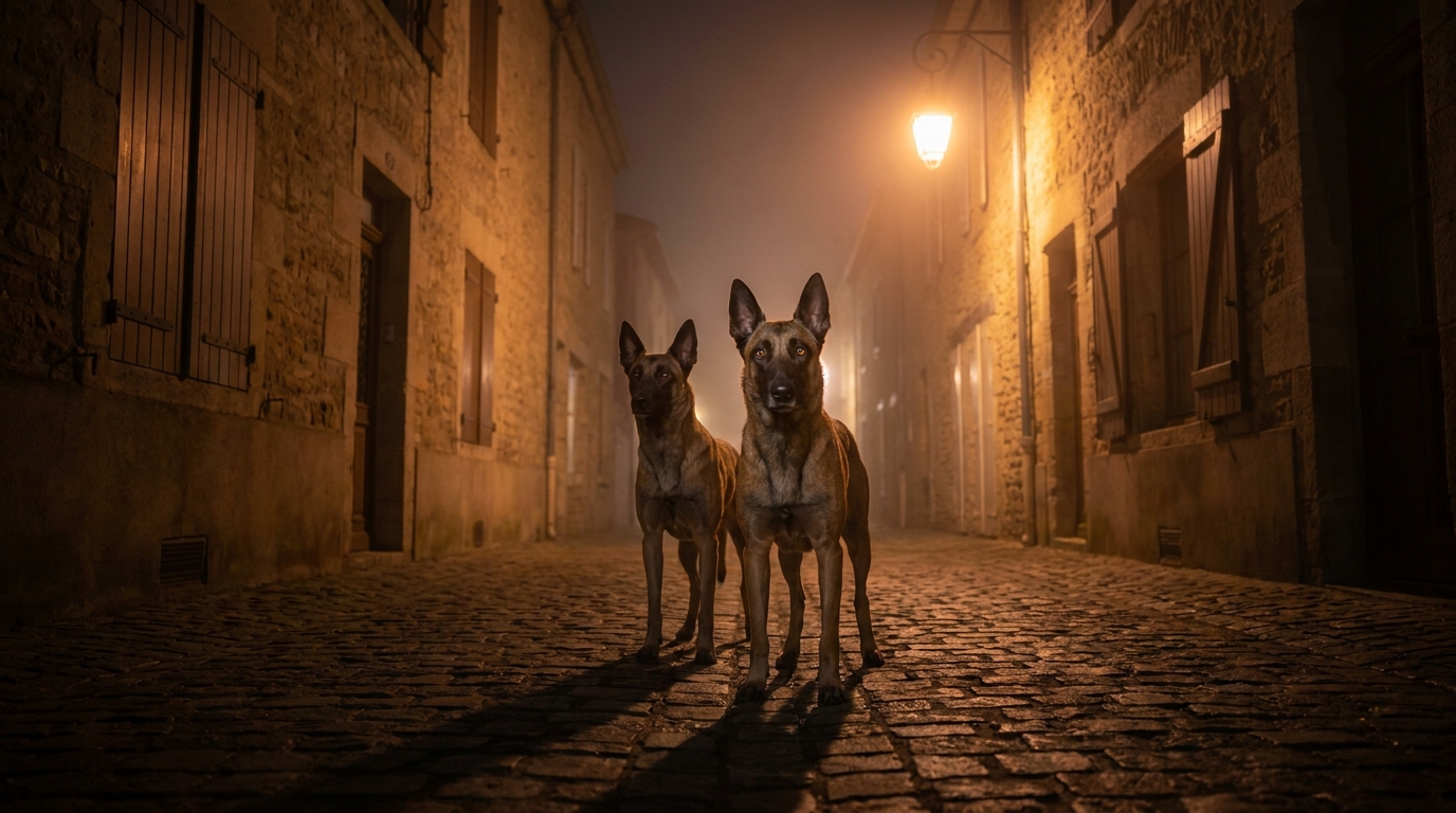 Deux chiens de race Malinois marchant dans la rue déserte d'un petit village en France, au crépuscule, évoquant un sentiment de danger.